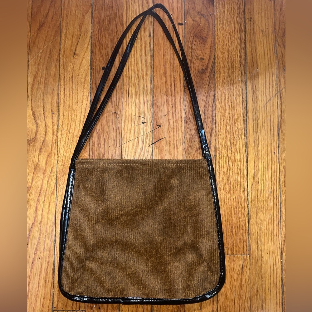 Brown Corduroy shoulder/crossbody purse bag with black leather trim and strap